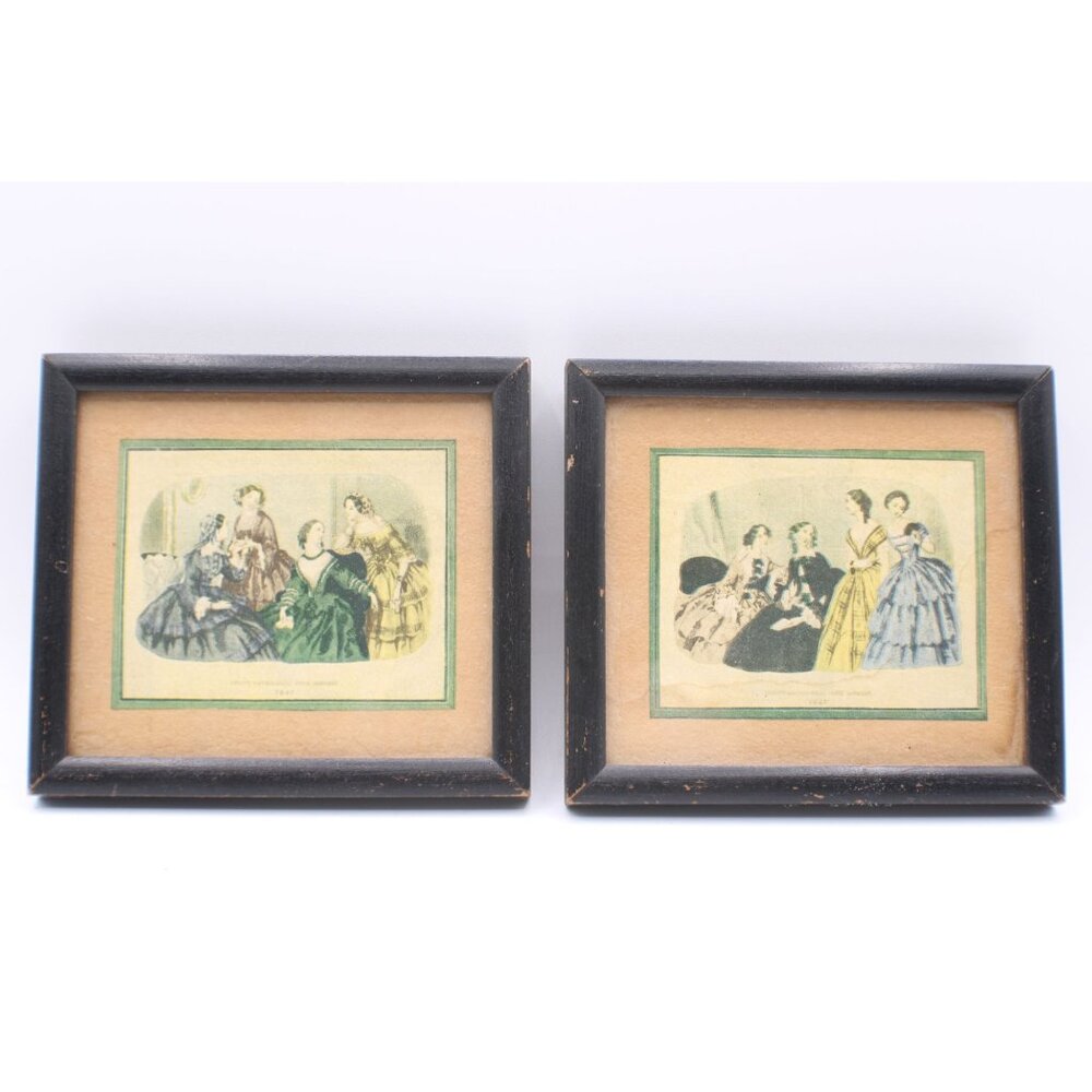 Vtg Small Art Fashion Prints (2) Godeys Ladys Book Black Wooden Frames 5x4" Hang